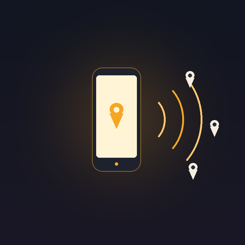 Illustration of a phone with signal arcs reaching local map pins