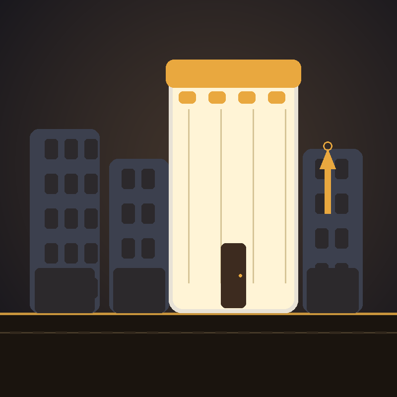 Illustration of a bright modern storefront glowing among dimmer neighboring buildings, with a thin amber rail-track line at the base, representing web design for Rosenberg, TX small businesses