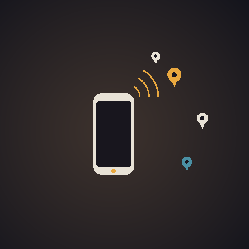 Illustration of a hand holding a phone with radiating signal arcs reaching labeled map pins