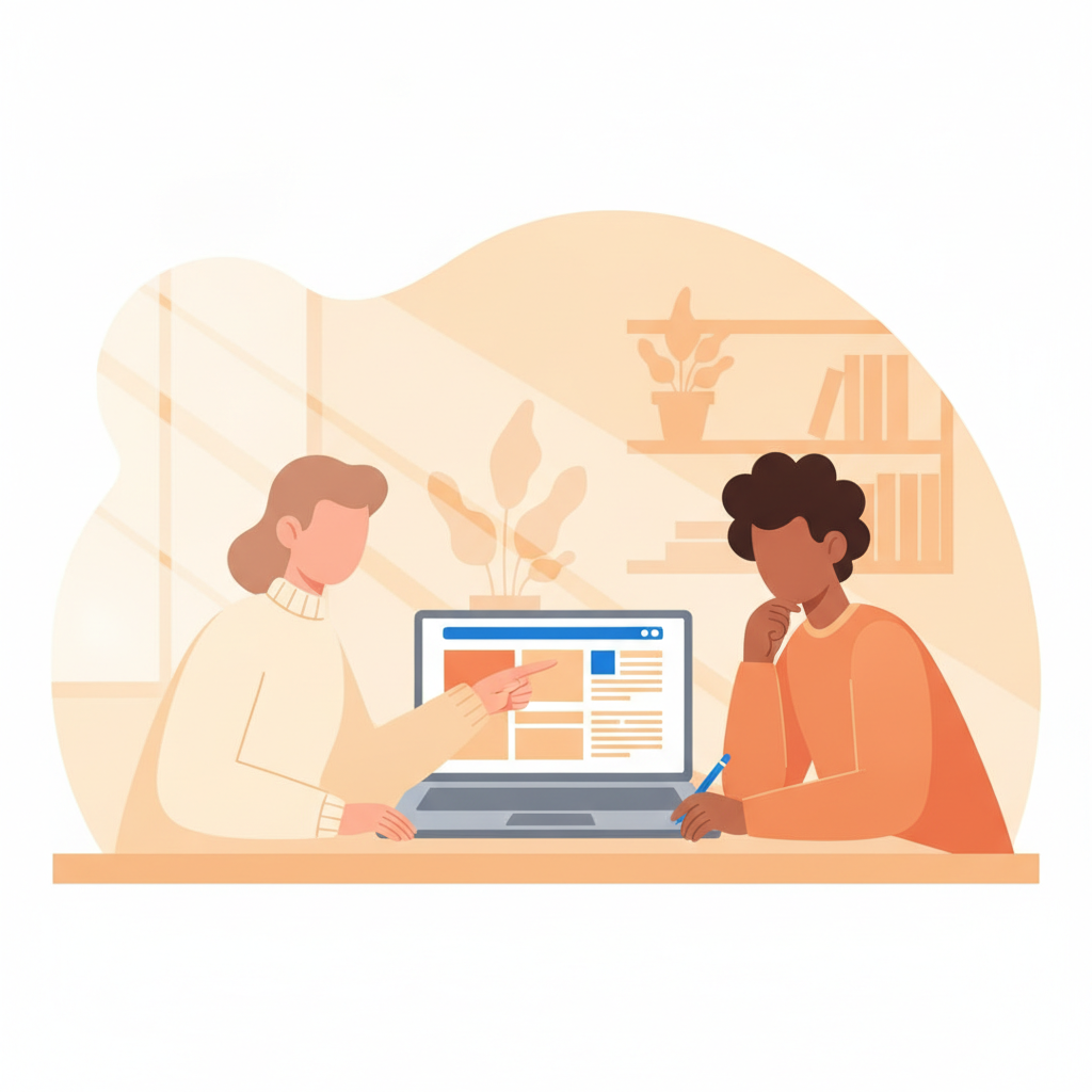 Editorial illustration of two people collaborating at a desk over a laptop showing a website design mockup, representing choosing the best Webflow agency in Houston