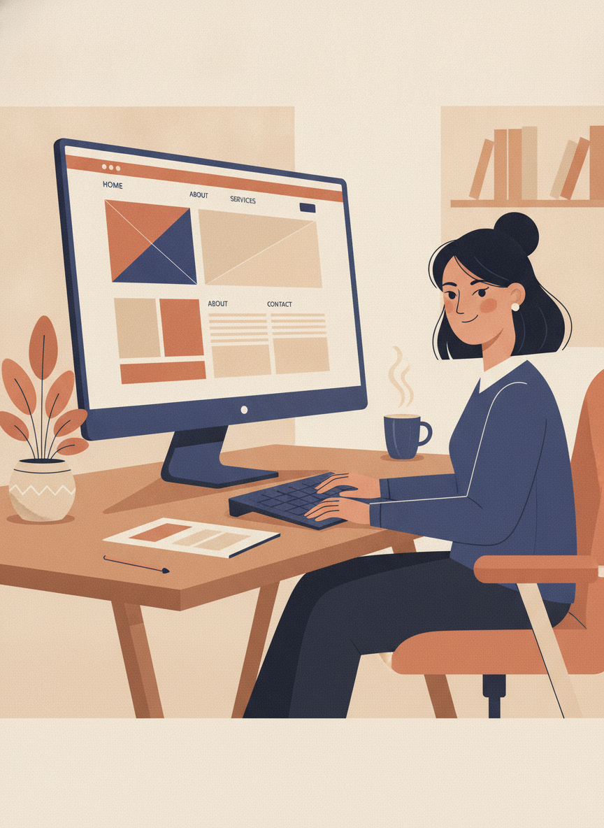 Illustration of a designer reviewing a clean website layout on a large monitor