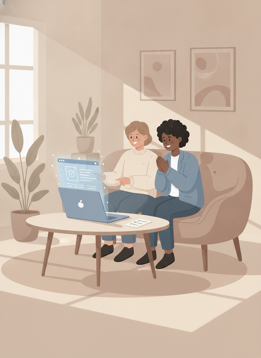 Illustration of a two-person team reviewing a launched website together