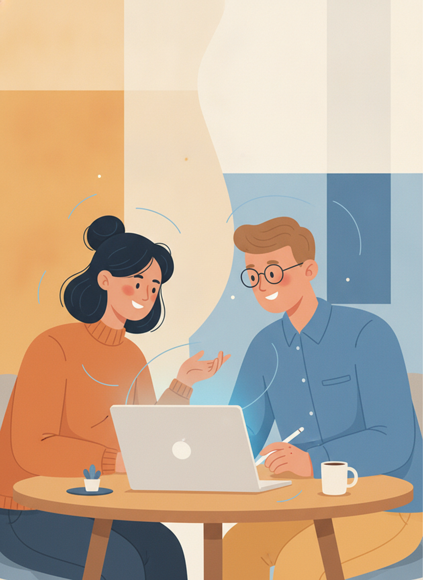 Illustration of two people in a collaborative conversation across a desk with a laptop between them
