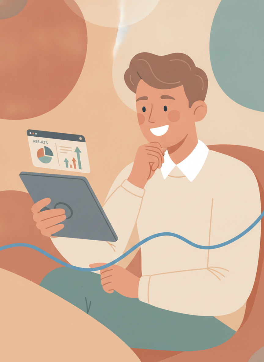 Illustration of a person reviewing a results chart on a tablet