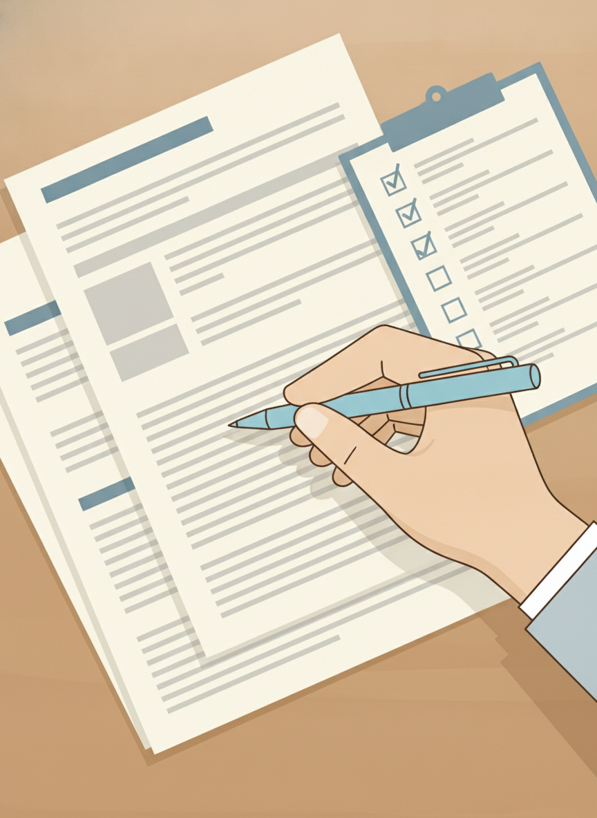 Illustration of a hand reviewing a written project proposal and checklist