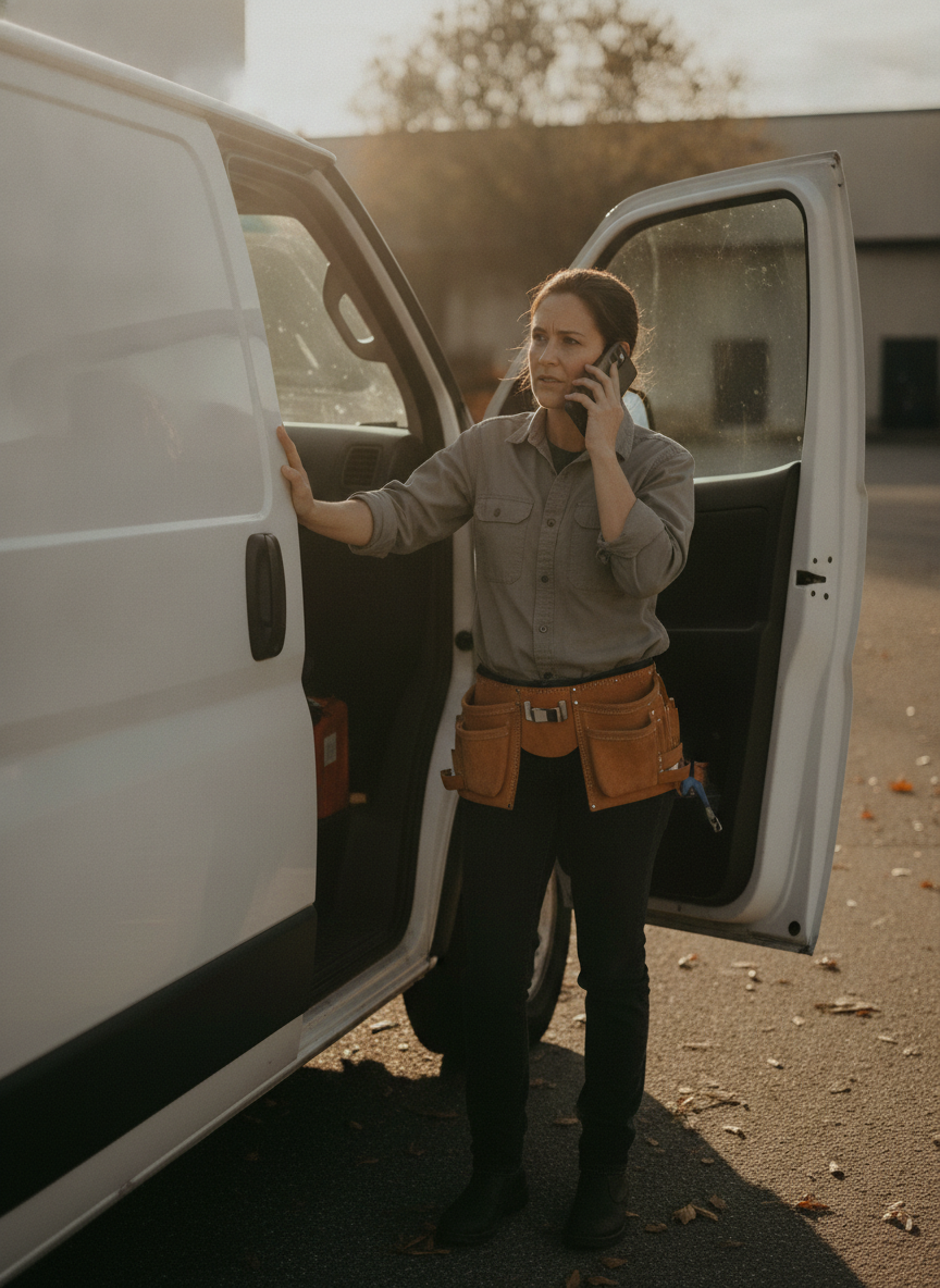 Service business owner taking a customer call beside a work van