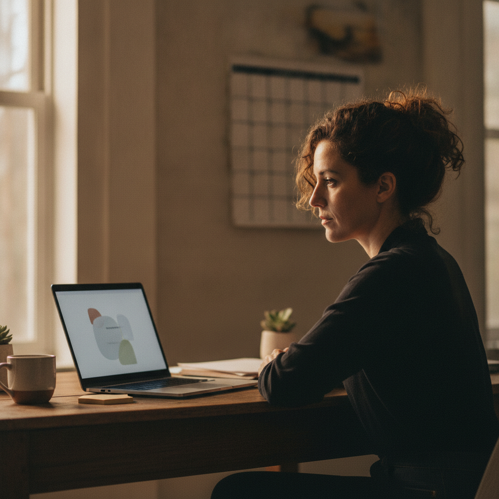 Small business owner reviewing search performance on a laptop with a calendar in the background