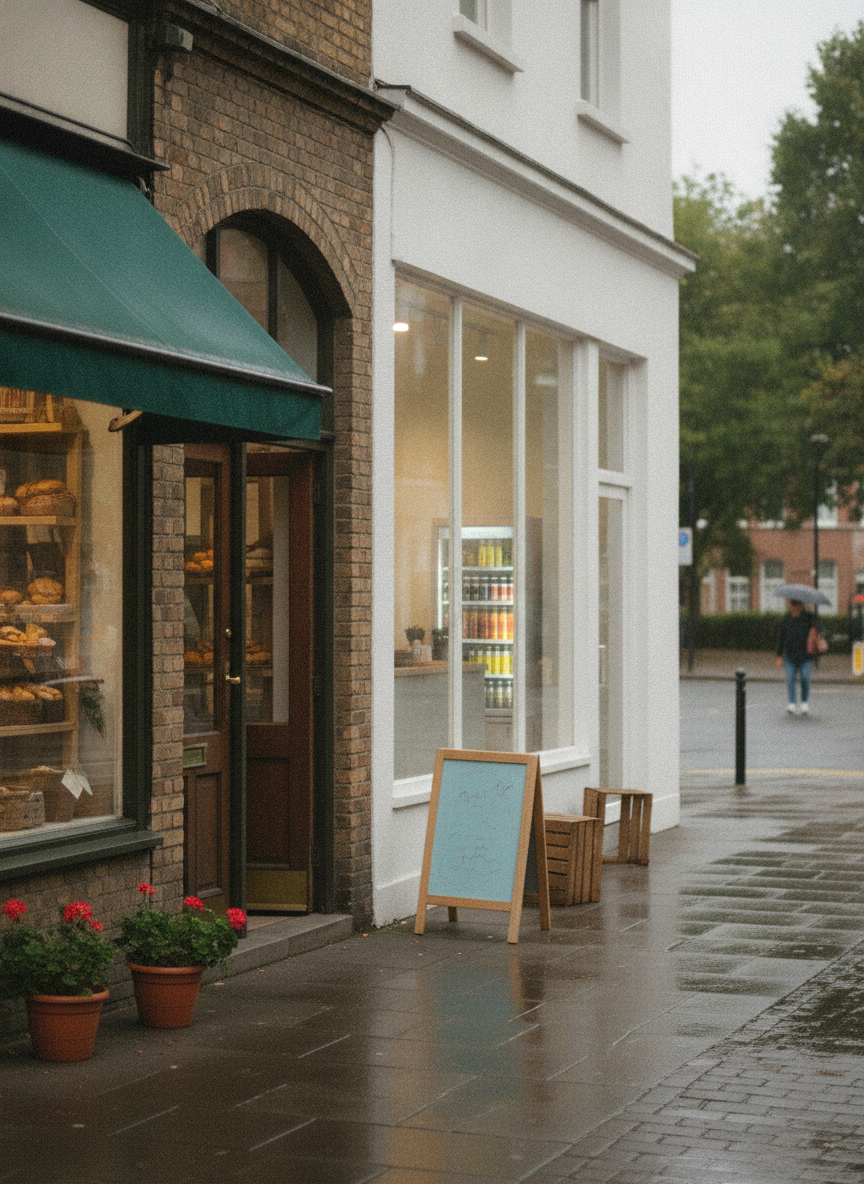 Two neighboring small business storefronts on a quiet street