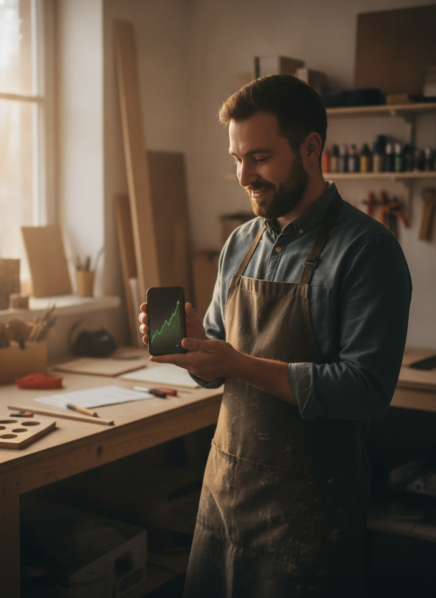 Business owner checking a rising performance graph on a phone in their workshop