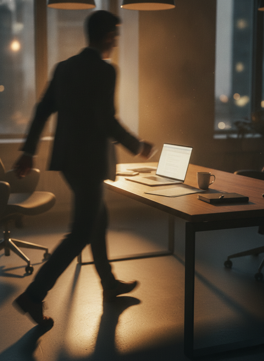 Person walking away from a desk with a laptop still open