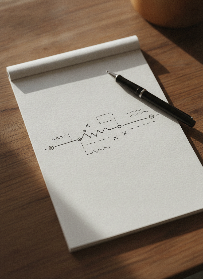 Hand-drawn timeline sketched on a notepad on a wooden desk