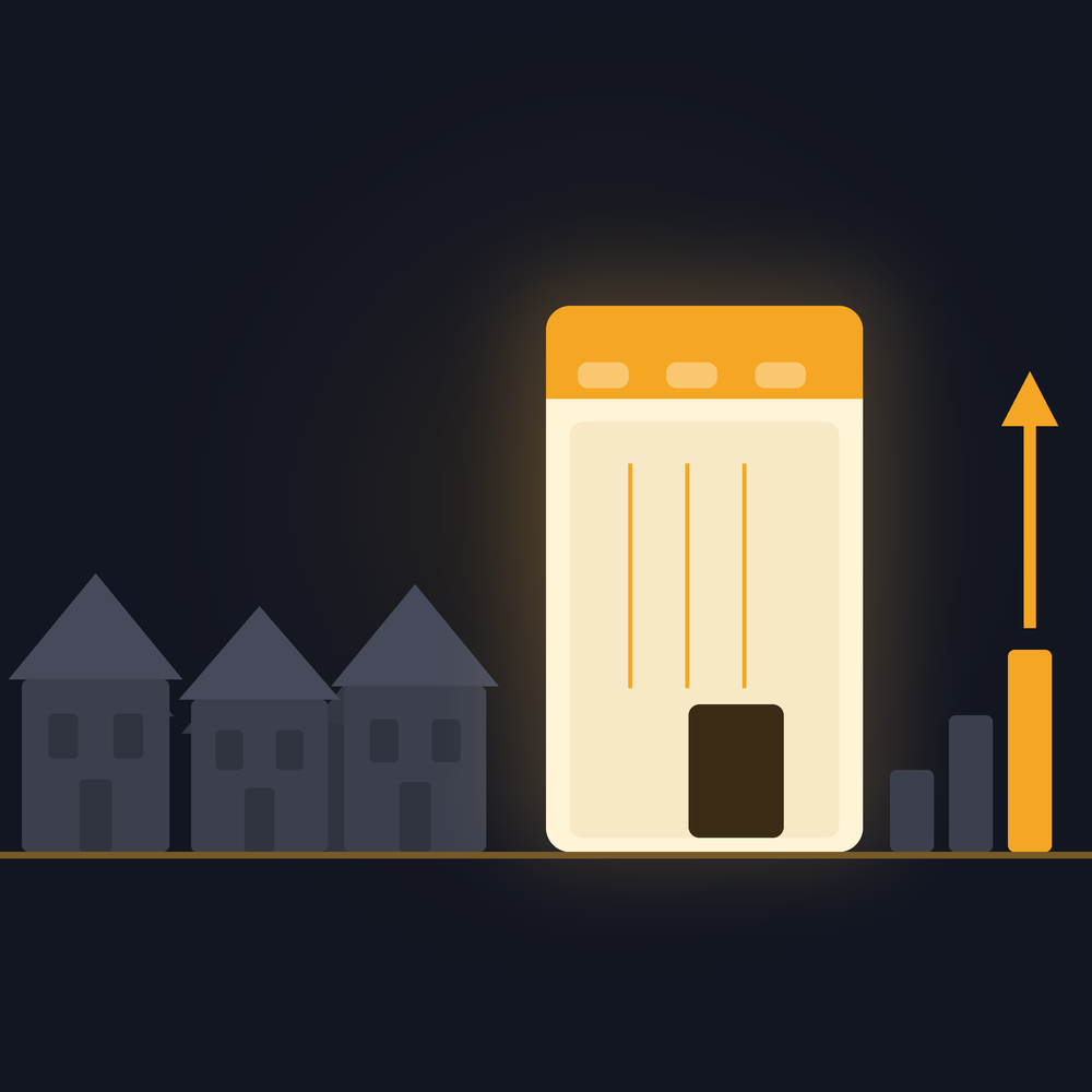 Illustration of dark new-construction rooftops beside one brightly lit website, with a rising amber growth arrow, representing web design for Fulshear businesses