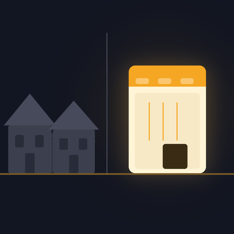 Illustration of dark new-construction homes beside a brightly lit website, showing rooftops arriving before search demand