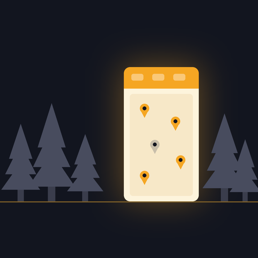 Illustration of pine tree silhouettes beside a brightly lit website showing village map pins, representing web design for The Woodlands businesses