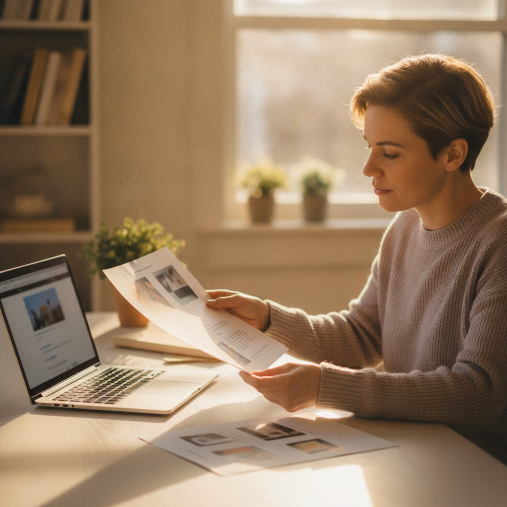 Small business owner comparing two website proposals at a desk
