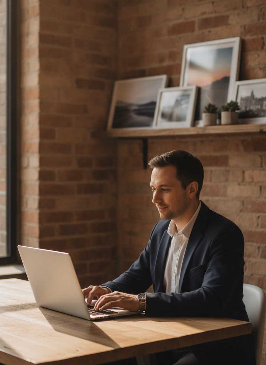 Professional calmly editing website content on a laptop in a small office