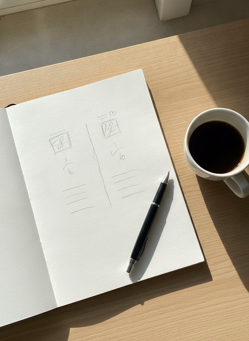 Hand-sketched two-column comparison on a notepad beside a coffee cup