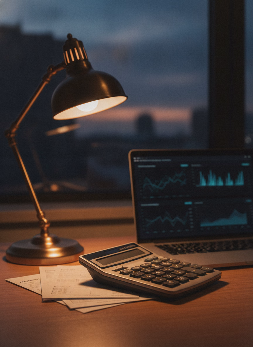 Office desk with a calculator, invoices and a laptop at dusk