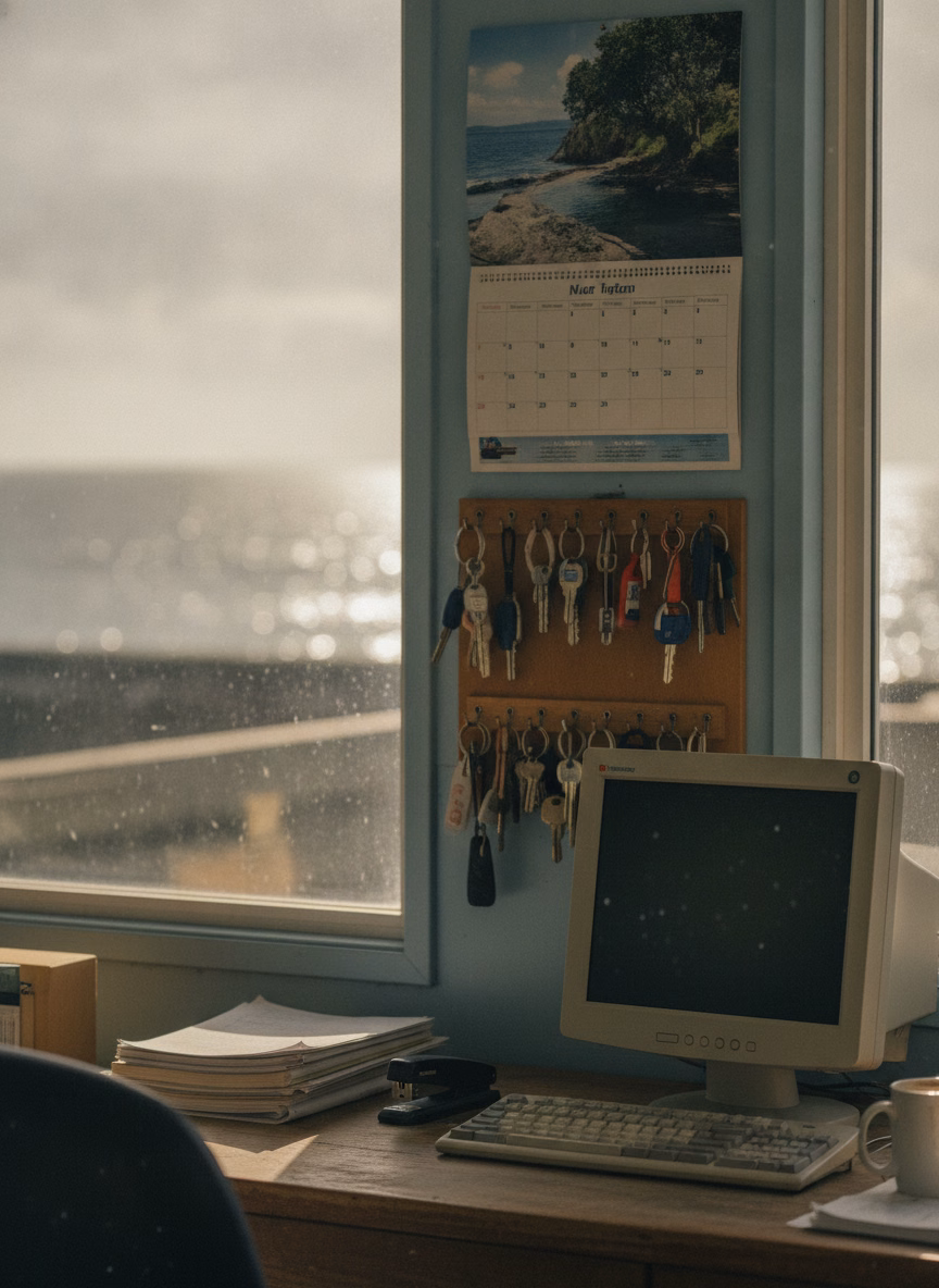 Small marina office with a desktop computer and boat keys on hooks