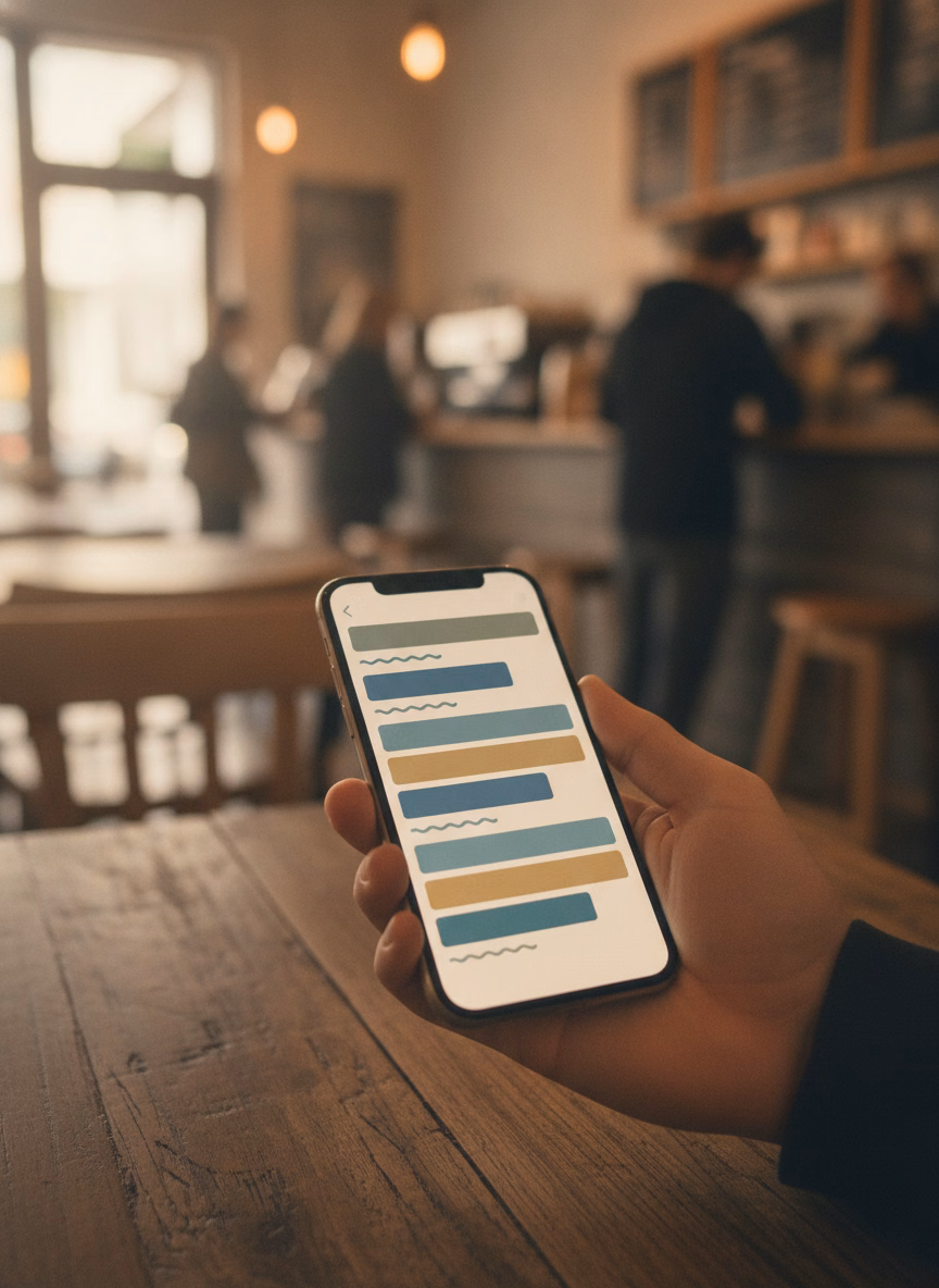 Hand holding a phone showing search results at a café table