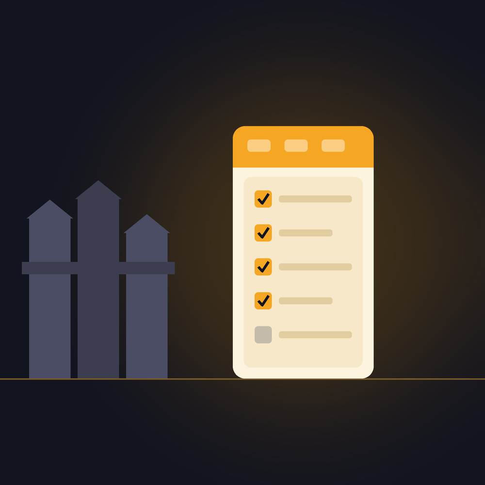 Illustration of a glowing phone showing a website checklist beside rice dryer silos, representing a web design checklist for Katy small businesses