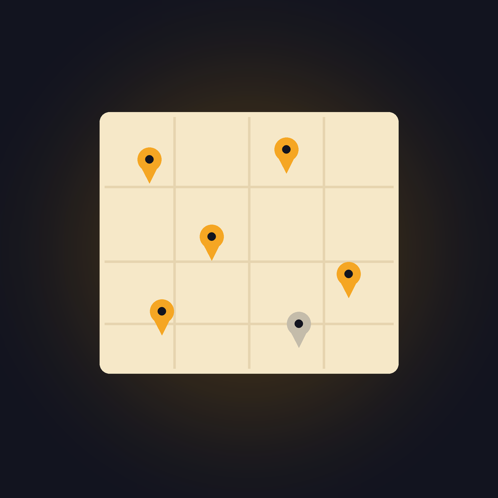 Illustration of a neighborhood map with amber location pins and one dim pin