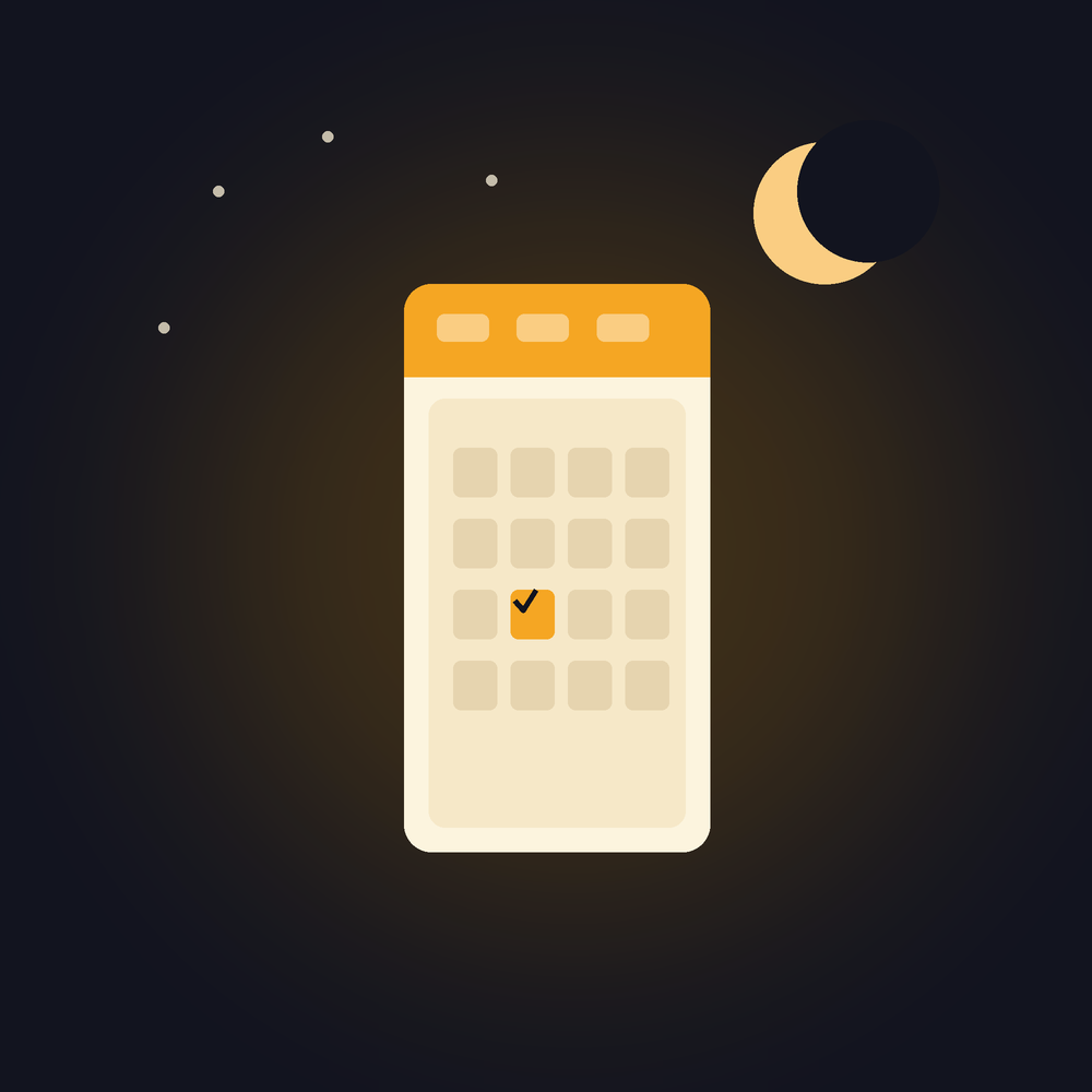 Illustration of a phone showing an online booking calendar under a crescent moon