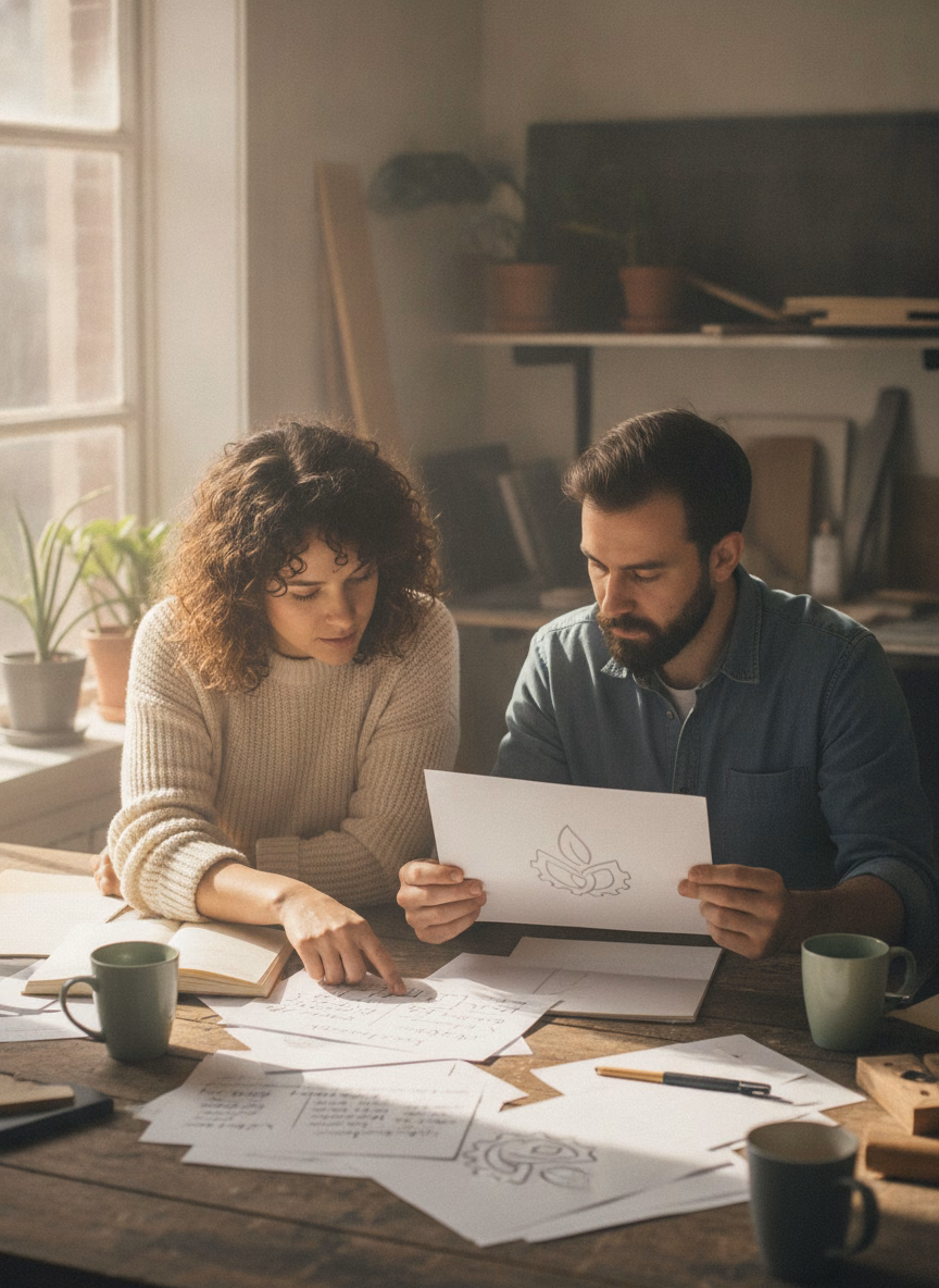 Two business owners reviewing customer notes and a logo sketch at a worktable