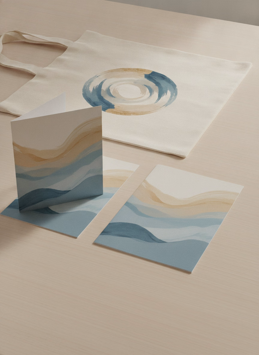 Brochure, flyer, and tote bag arranged in one consistent color palette