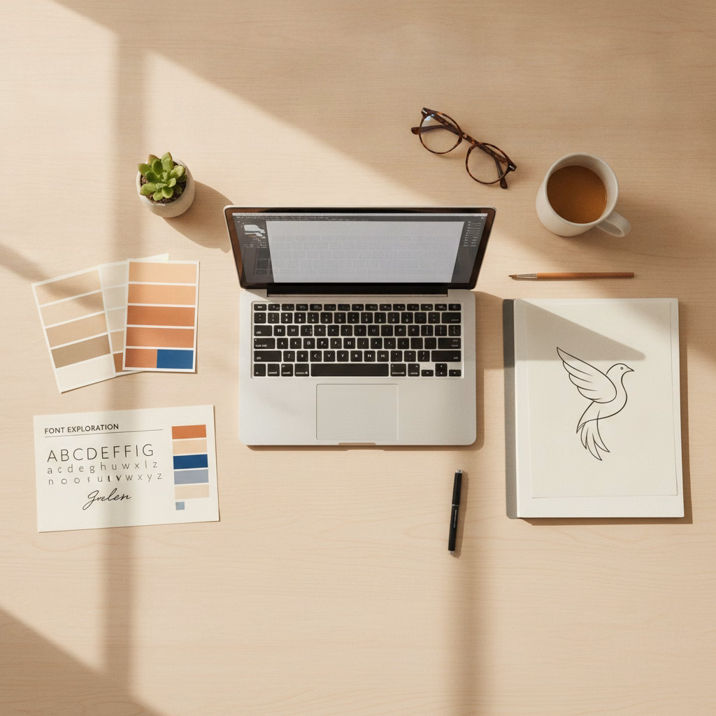 Designer's desk with color swatches, type samples, and logo sketches for a branding project