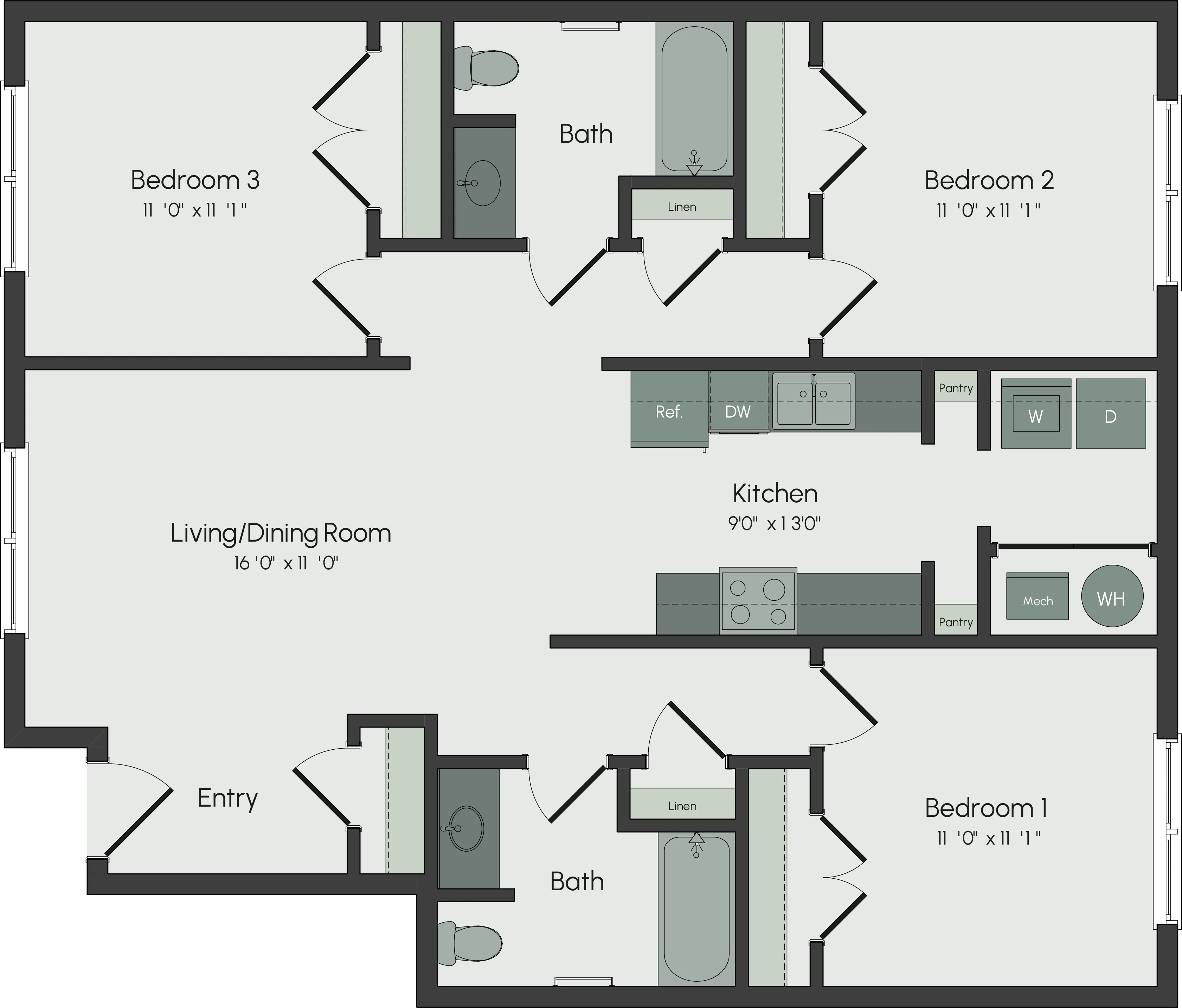 3 bedroom x 2 bathroom layout