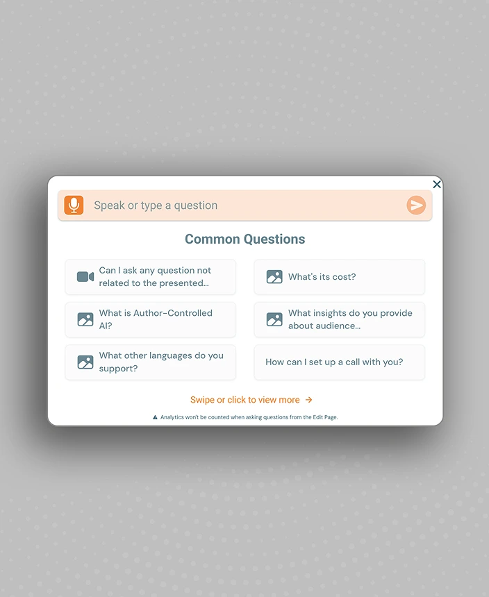 User interface with a search bar labeled 'Speak or type a question' and a list of common questions including topics on AI, cost, insights, language support, and call setup.