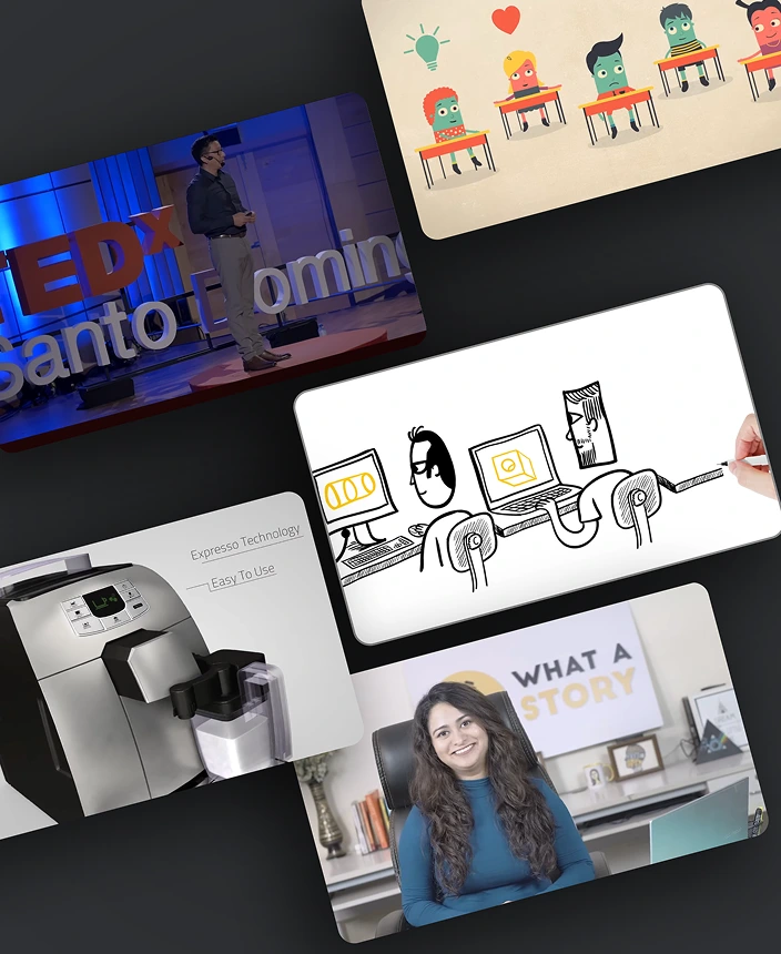Collage of images including a TEDx Santo Domingo speaker, cartoon illustrations of people at desks, a coffee machine with 'Expresso Technology Easy To Use' text, and a smiling woman in front of a sign saying 'What A Story'.