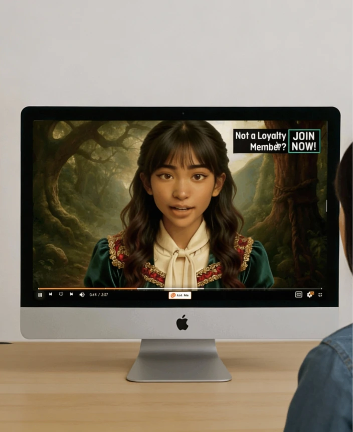 Person watching a video on an iMac showing a young woman with long dark hair in a vintage dress speaking against a forest background with a 'Not a Loyalty Member? JOIN NOW!' banner.