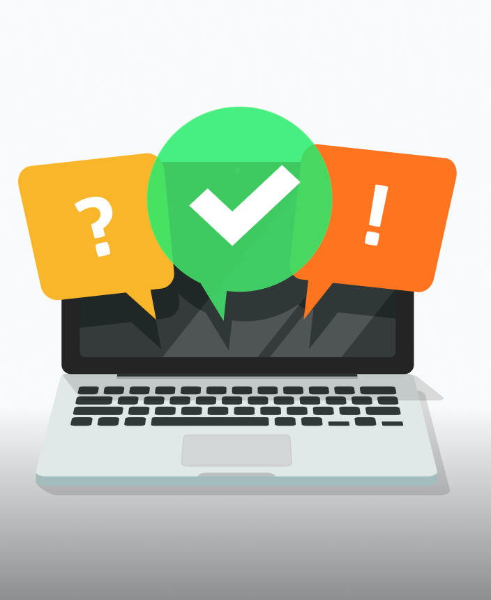 Laptop with three speech bubbles above it showing a question mark, check mark, and exclamation mark.