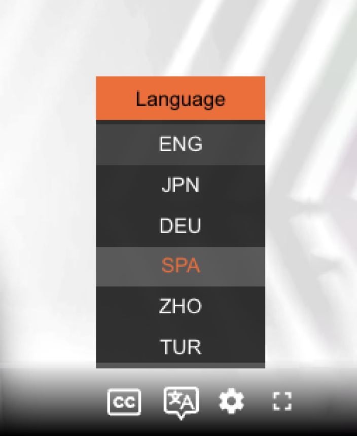 Language selection menu with options ENG, JPN, DEU, SPA, ZHO, and TUR, with SPA highlighted.