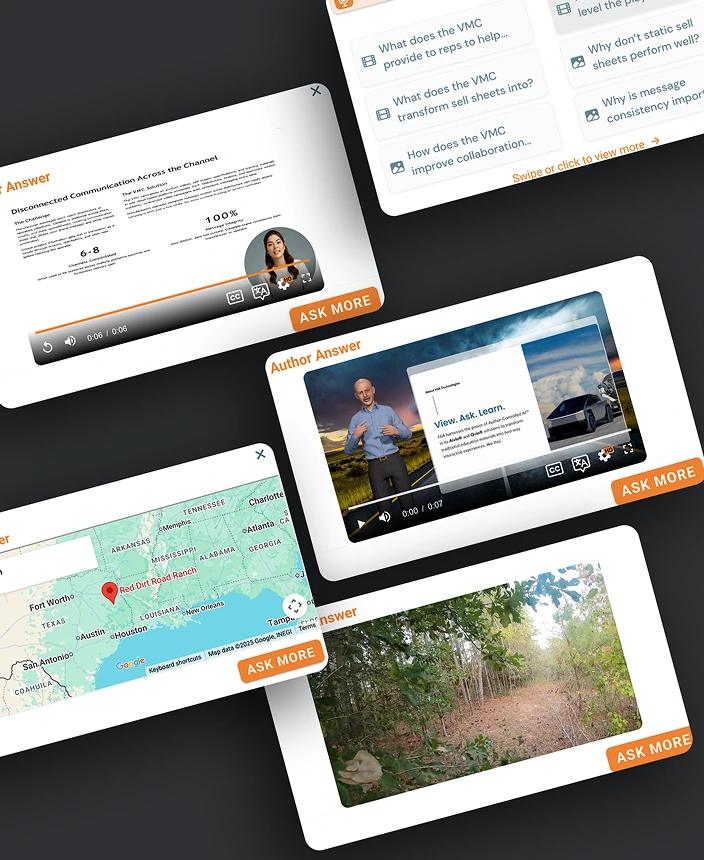 Collage of four interactive panels showing video presentations, a map pinpointing Red Dirt Road Ranch in Texas, and an outdoor forest path, each with an orange 'ASK MORE' button.