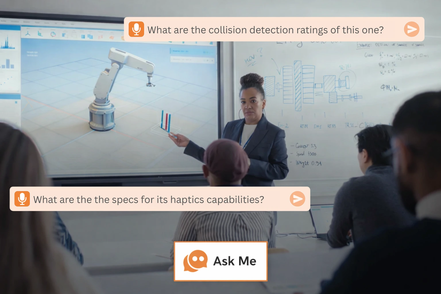 Woman giving a presentation on robotic arm technology to an audience in a classroom with diagrams on a whiteboard and a large screen.