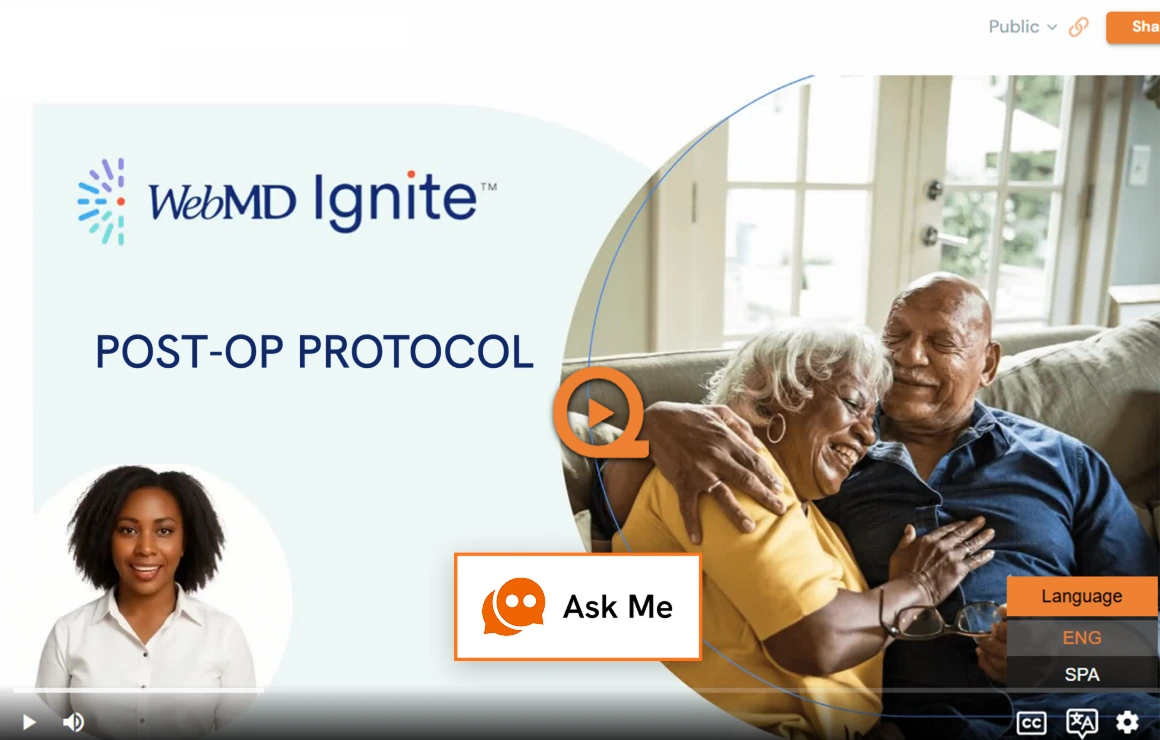 WebMD Ignite video screen titled Post-Op Protocol showing a smiling woman in a white shirt and an elderly couple embracing on a couch.