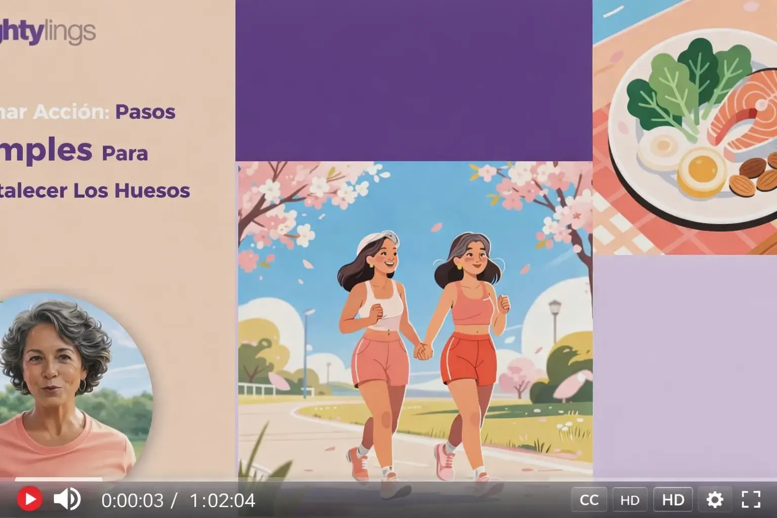 Illustration of two women jogging outdoors on a path lined with blooming trees under a clear sky.