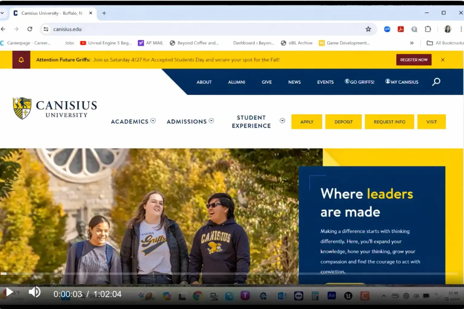 Canisius University website homepage shown on a browser with three students walking outside on a sunny day, alongside text reading 'Where leaders are made.'