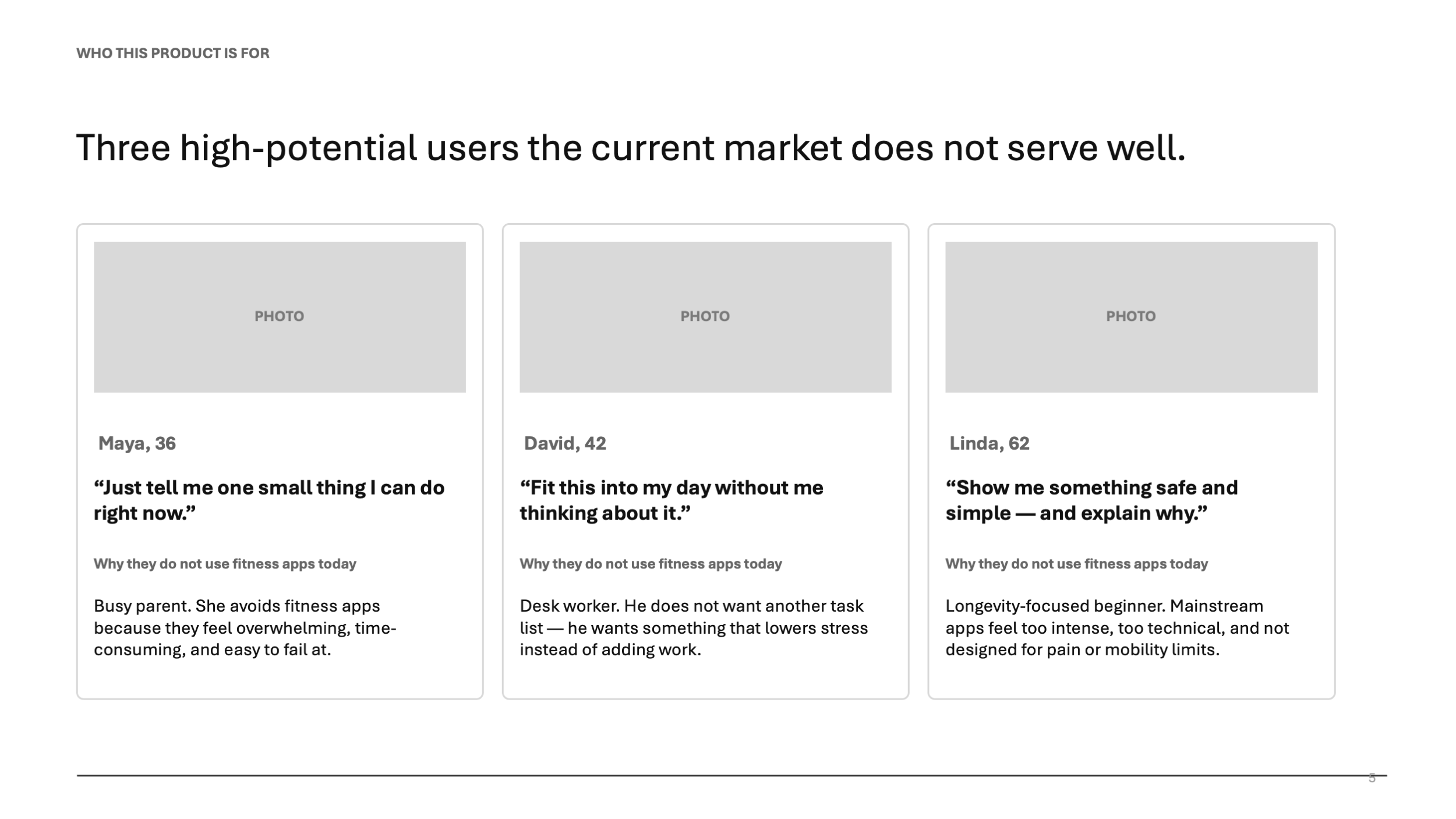 Pitch deck 5, Three high-potential users the current market does not serve well.