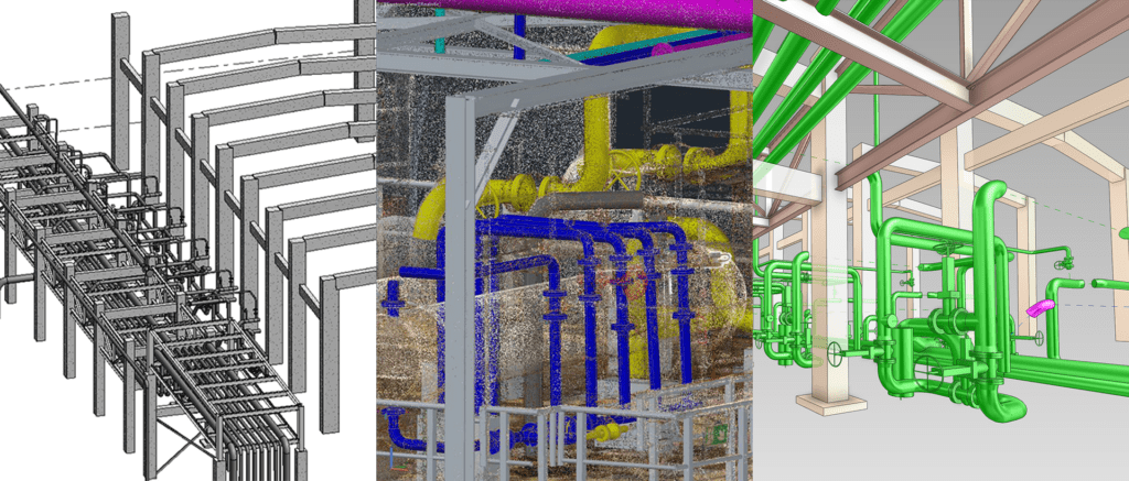 Building render compared to point cloud and model