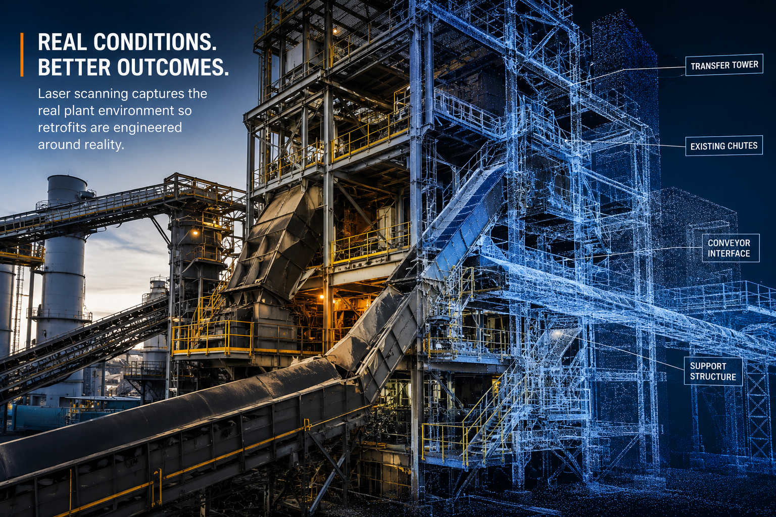 Bulk material handling retrofit area showing conveyor and transfer structure in an industrial plant