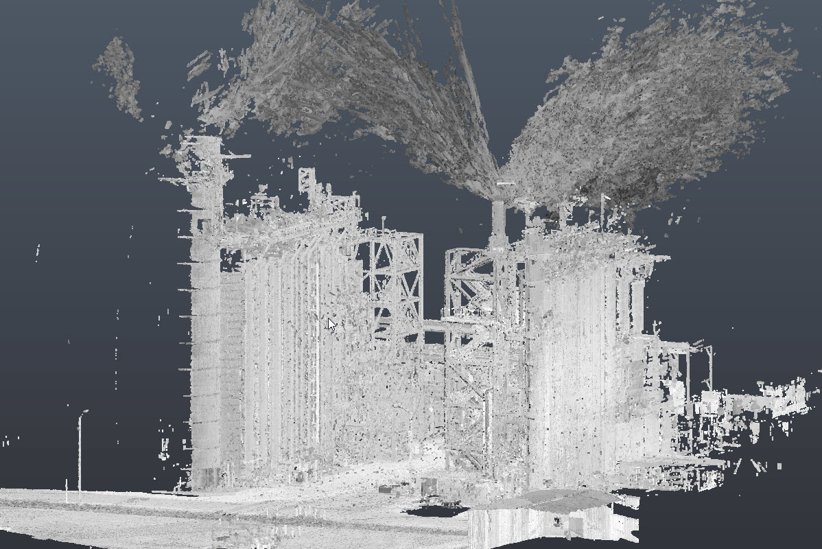 Grayscale laser scan point cloud of a coal power plant with stacks