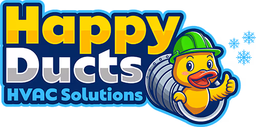 Happy Ducts HVAC Solutions logo featuring a smiling duck wearing a green hard hat, giving a thumbs-up next to a duct.