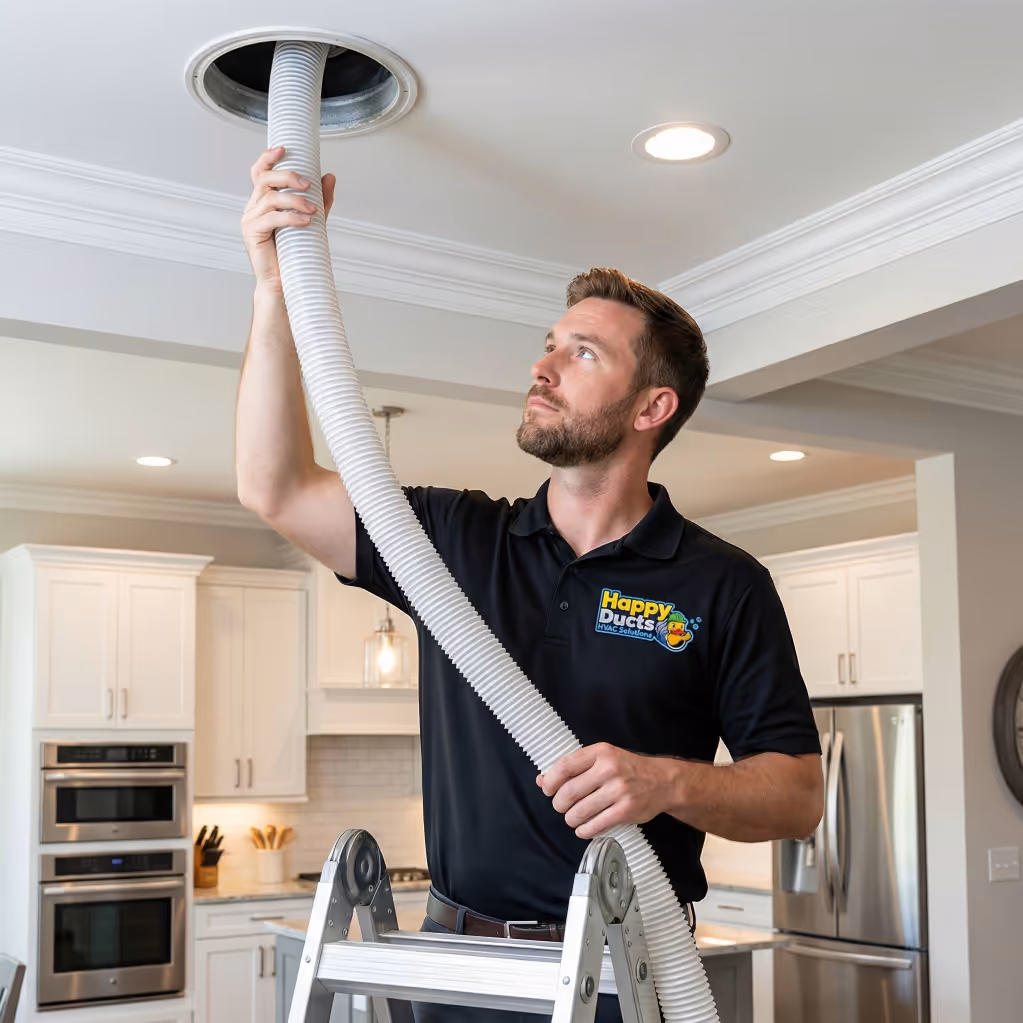 Technician on a ladder installing or inspecting a flexible duct hose in a ceiling vent inside a modern kitchen.