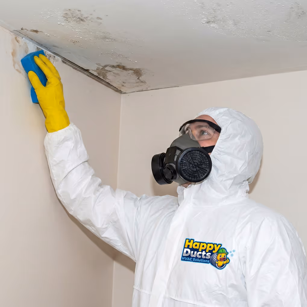 Person in protective suit, mask, and yellow gloves cleaning mold from a ceiling corner with a blue sponge.