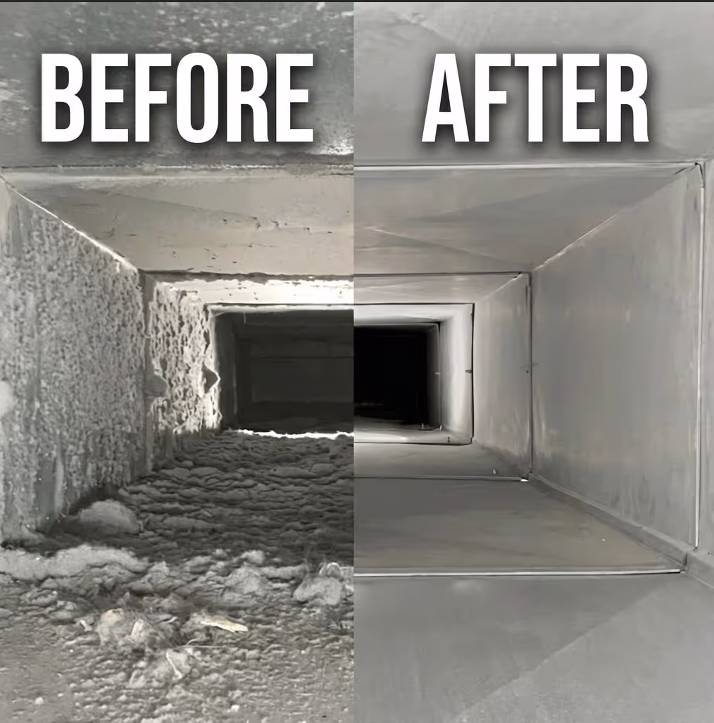 Side-by-side comparison of an air duct interior before and after cleaning showing heavy dust and debris on the left and a clean, smooth surface on the right.