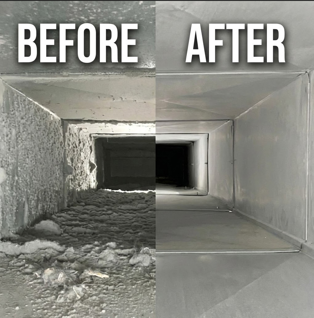 Side-by-side comparison of an air duct interior before and after cleaning showing heavy dust and debris on the left and a clean, smooth surface on the right.
